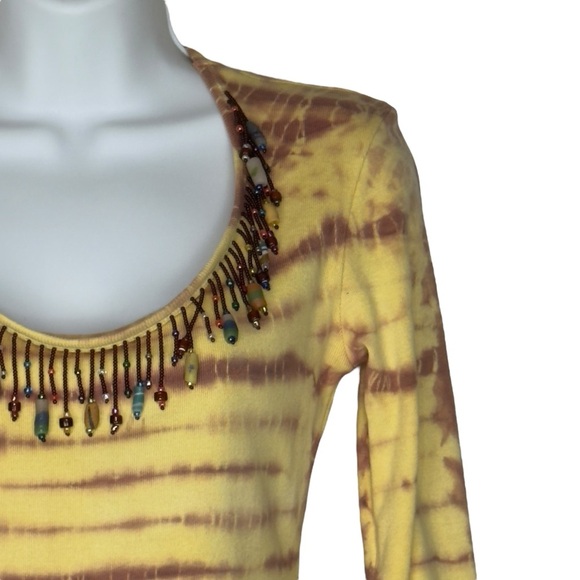Santa Barbara Yellow and Brown Tie-Dye Beaded Scoop Neck Long Sleeve Top Medium - Picture 6 of 14